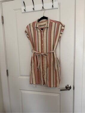 Striped Button-Front Mini Dress with Tie Waist - Multi